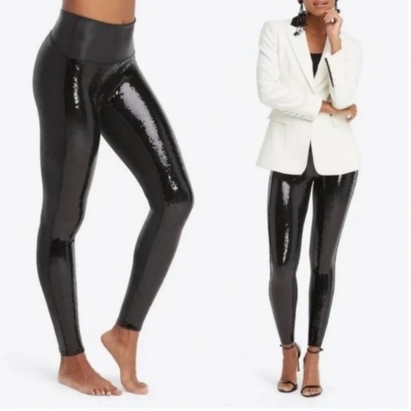 1. Spank Sequin Faux Leather Leggings - Picture 1 of 16